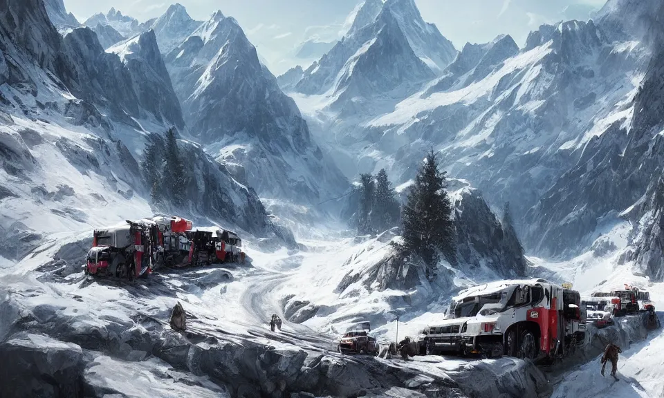 Prompt: The Swiss Alps and convoy of Barbare, Greg Rutkowski, ArtStation, CGSociety, Unreal Engine