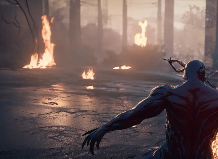 Prompt: venom standing still in a fire around him, ultra realistic 4 k unreal engine very cinematic render with ray tracing bloom ambient occlusion strong reflections depth of field fog