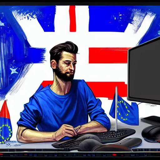 Image similar to european union eu hybrid influencer on blue shirt sitting on chair with eu flag on computer playing games on led keyboard and gaming mouse in style of American propaganda poster, eu flag, european union flag, dark and gloom, extremely detailed oil painting, open room, highly detailed, trending on artstation, concept art, sharp focus, illustration, art by artgerm and greg rutkowski and magali villeneuve