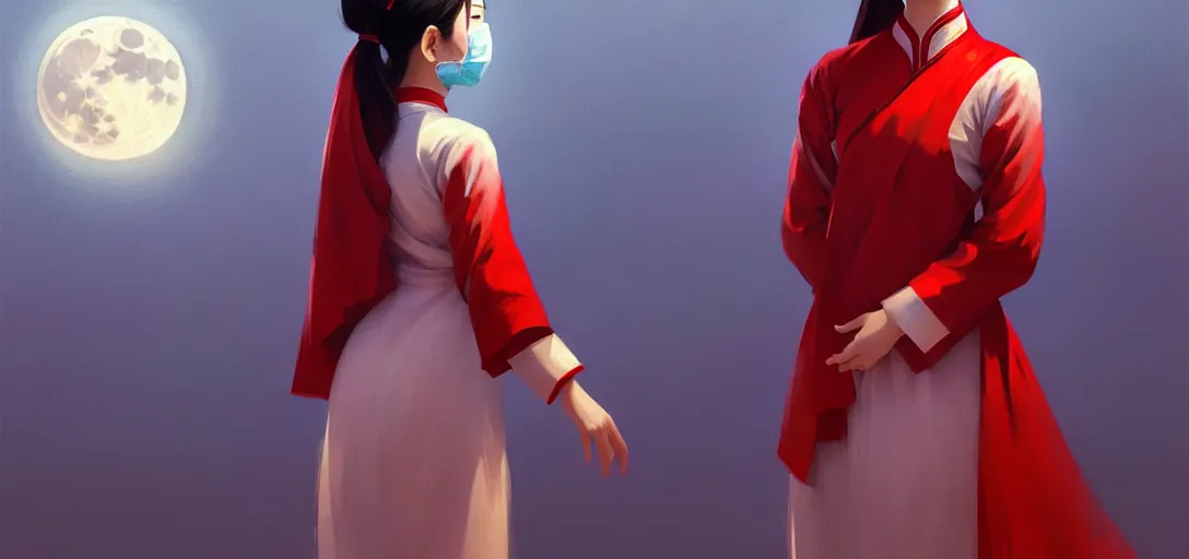 Image similar to vietnamese female with white cloth mask wearing traditional red ao dai, full moon on the sky, digital illustration by ruan jia, a ultra detailed beautiful panting by ilya kuvshinov, greg rutkowski and makoto shinkai, trending on artstation