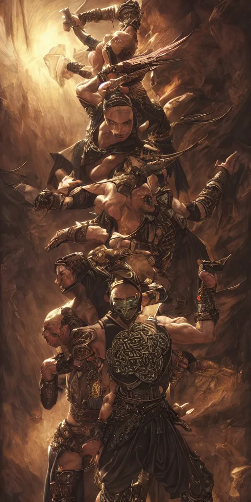 Prompt: masterpiece mortal kombat, masterpiece by Edgar Maxence and Ross Tran and Michael Whelan and Caravaggio artistic, intricate drawing, realistic fantasy, extremely detailed and beautiful aesthetic celtic face, establishing shot, 8k resolution, dramatic lighting,