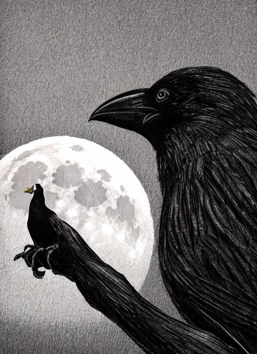 Image similar to portrait, A crow in front of the full big moon, book cover, red white and black colors, establishing shot, extremly high detail, foto realistic, cinematic lighting, pen and ink, intricate line drawings, by Yoshitaka Amano, Ruan Jia, Kentaro Miura, Artgerm, post processed, concept art, artstation, matte painting, style by eddie mendoza, raphael lacoste, alex ross