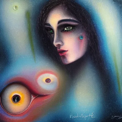 Prompt: terrible eyes from another world look out of the darkness, fabulous illustrations, oil painting, elegant, 4k, 8k ,