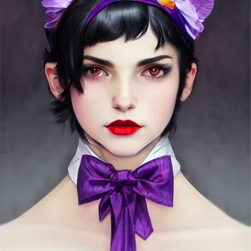 Prompt: a teen girl with black hair, white bangs, red irises, purple lipstick and a purple hairband with a bow, portrait, highly detailed, digital painting, artstation, concept art, sharp focus, illustration, art by artgerm and greg rutkowski and alphonse mucha