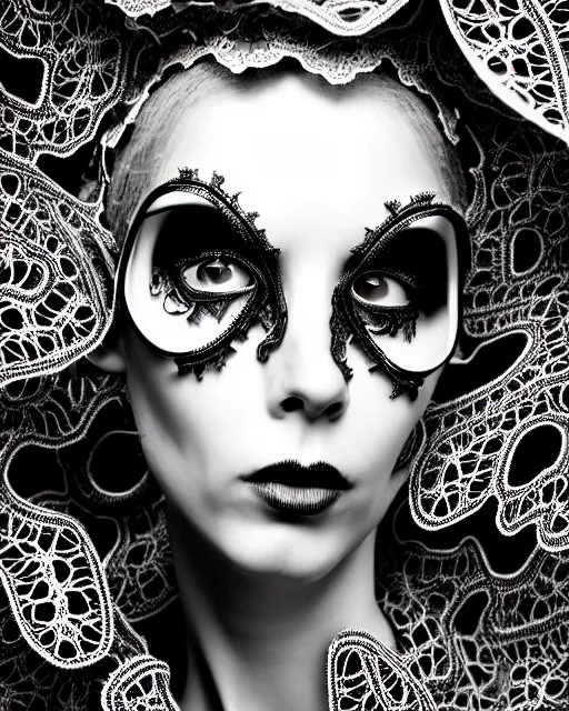 Image similar to surreal black and white photo portrait of complex bio-mechanical beautiful young female vegetal-cyborg with a Mandelbrot fractal metal fine lace face, curled silver hair, 150 mm lens, soft rim light, fine metal floral foliage super big lace collar by Alexander McQueen, high fashion, haute couture, rococo, steampunk, silver filigree details, anatomical, facial muscles, cable wires, microchip, elegant, hyper realistic, octane render, unreal engine, in the style Dora Maar, volumetric lighting, 8k,