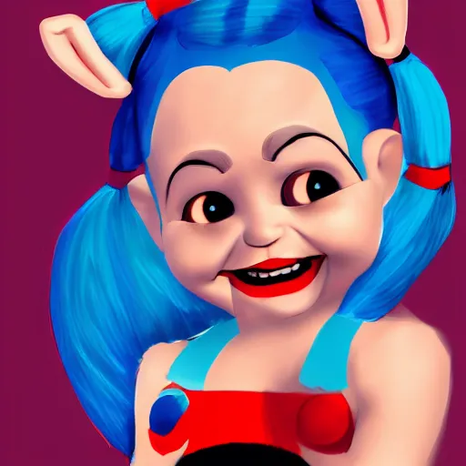 Prompt: baby harley quinn with pigtail in hair like pebbles flintstones full body, big head, large smile, pixar style, happy, chill out, rending, trending on artstation
