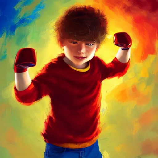 Prompt: colorful and festive captivating young child boy, brown fluffy hair, wearing red and yellow clothes, shooting a yellow energy sphere out of his fist. full body, rich vivid colors, ambient lighting, dynamic lighting, 4 k, atmospheric lighting, painted, intricate, highly detailed by charlie bowater