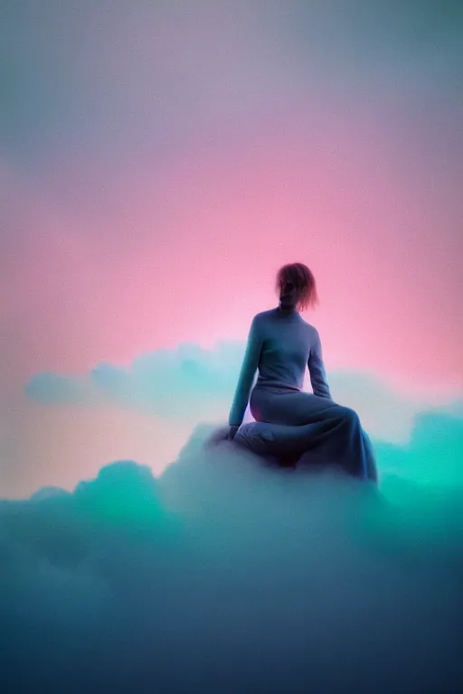 Image similar to high quality pastel coloured film close up wide angle photograph of a model wearing clothing resting on cloud furniture in a icelandic black rock environment in a partially haze filled dreamstate world. three point light, rainbow. photographic production. art directed. pastel colours. volumetric clouds. pastel gradient overlay. waves glitch artefacts. extreme facial clarity. 8 k. filmic.