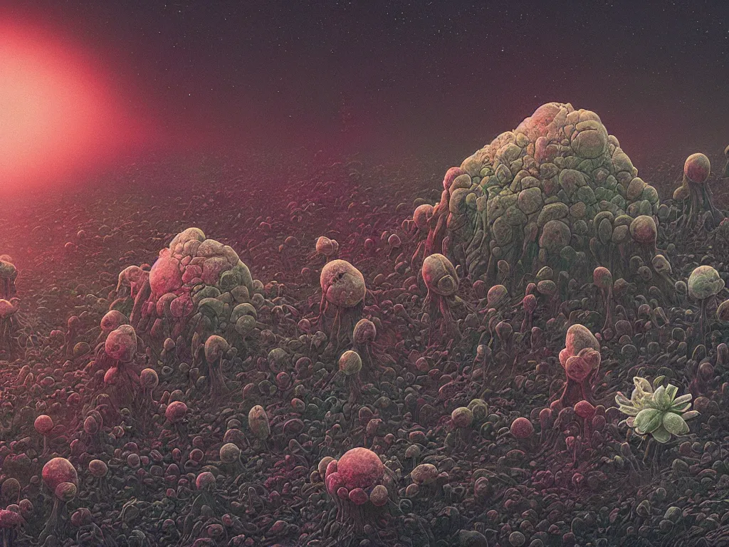 Prompt: it came from outer space by beeple : 4, a 8 k instax film rendered in unreal engine : 2, collaboration between zdzisław beksinski and salvador dali, a micrograph of mutant chlorociboria spores and hyphae, interstellar earthstar geastrum enigma