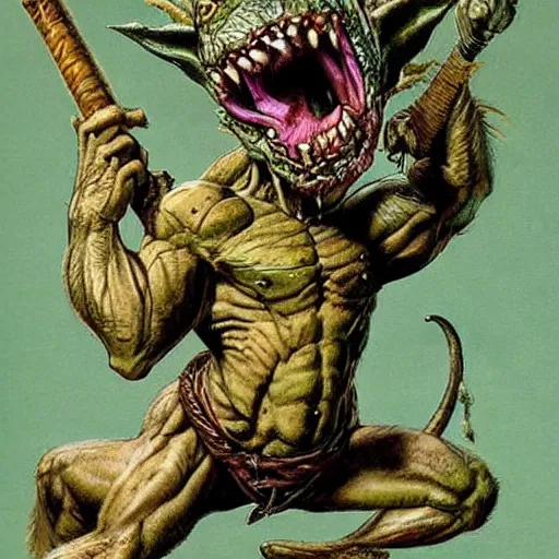 Prompt: dog - faced muscular goblin, ugly face, lizard tail, holding scimitar made of bone, scimitar, colorized, green skin, hyper - detailed, primeval fantasy, prehistoric fantasy, drawn by frank frazetta