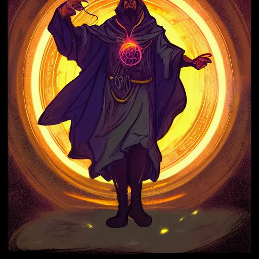 Image similar to a warlock is casting a magic spell while with magic orb floating in his hand , dynamic pose, chromatic aberration , medium level shot, Mucha style , Grim fantasy, illustration ,concept art,