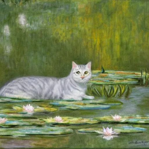 Prompt: a white and grey tabby cat stretching on a lilypad floating on a lake, in the style of water lilies painting by monet