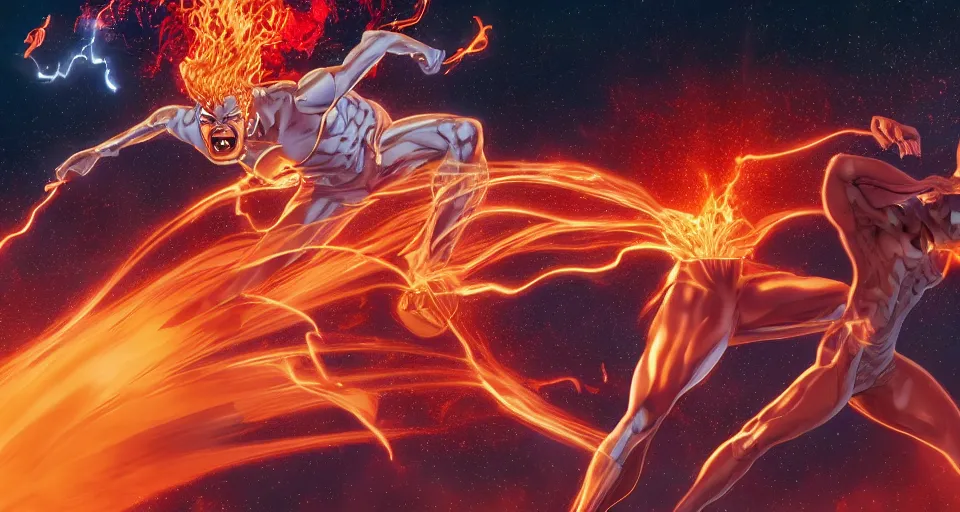 Image similar to Marvel Comics Silver Surfer Battles The Human Torch On Venus, bats, sunset, volumetric lighting, hyperrealistic, beautiful details, HDR, octane render, action shot, wide angle, bokeh, Yasushi Niarasawa Moebius Jim Steranko Style