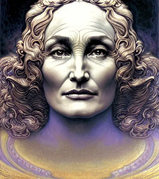 Image similar to detailed realistic beautiful jessica lange as queen of jupiter face portrait by jean delville, gustave dore and marco mazzoni, art nouveau, symbolist, visionary, gothic, pre - raphaelite. horizontal symmetry by zdzisław beksinski, iris van herpen, raymond swanland and alphonse mucha. highly detailed, hyper - real, beautiful