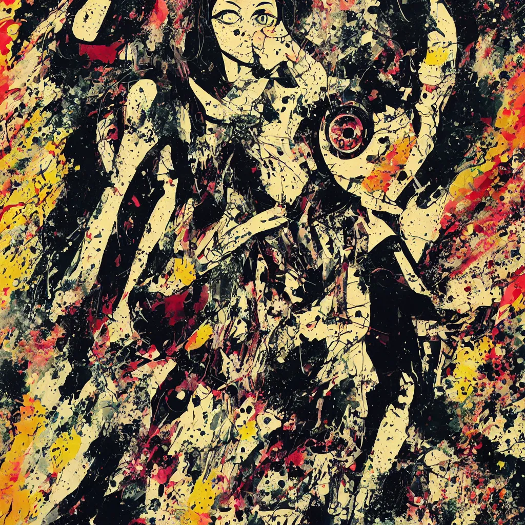 Image similar to girl figure, abstract, jet set radio artwork, ryuta ueda artwork, cryptic, rips, spots, asymmetry, stipple, lines, glitches, color tearing, pitch bending, stripes, dark, ominous, eerie, hearts, minimal, points, otomo katsuhiro artwork, technical, natsumi mukai artwrok, folds