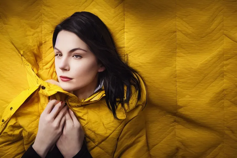 Image similar to wide portrait of a dark-haired woman wearing a yellow raincoat in front of a bed covered with white line, black puzzle pieces are hovering in the air, atmospheric, cinematic, ultra detailed, volumetric lighting, photography, by Weta Digital