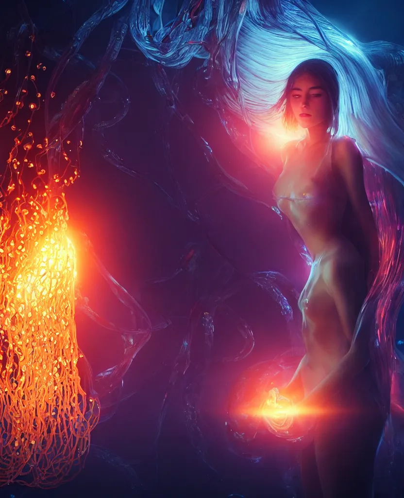 Image similar to close-up portrait of a beautiful girl floating in ethereum surrounded by floating jellyfish, energy flows of fire and water, flashes of plasma, 3d with depth of field, blurred background, a highly detailed epic cinematic concept art CG render. made in Maya, Blender and Photoshop, octane render, excellent composition, cinematic dystopian brutalist atmosphere, dynamic dramatic cinematic lighting, aesthetic, very inspirational, arthouse. y Greg Rutkowski, Ilya Kuvshinov, WLOP, Stanley Artgerm Lau, Ruan Jia and Fenghua Zhong