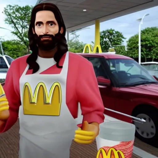 Prompt: Jesus on a lunch break at McDonalds