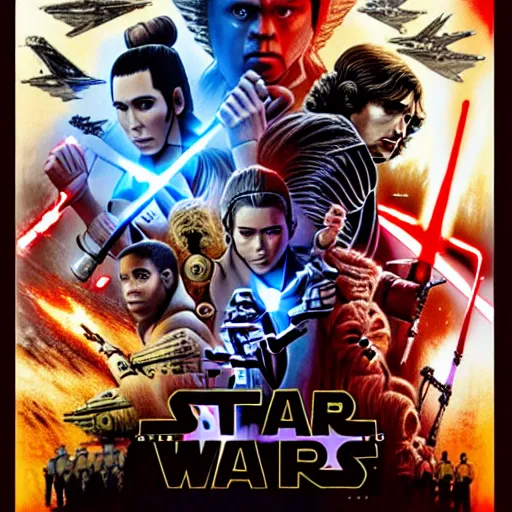 Image similar to super detailed star wars movie poster with Jesus Christ and kim kardashian, 8k full HD photo, cinematic lighting, anatomically correct, oscar award winning, action filled, correct eye placement,