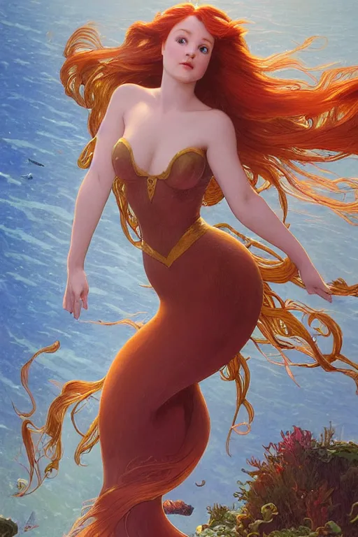 Image similar to Ariel in The Little Mermaid, highly detailed, digital painting, artstation, concept art, smooth, sharp focus, illustration, ArtStation, art by artgerm and greg rutkowski and alphonse mucha and J. C. Leyendecker and Edmund Blair Leighton and Katsuhiro Otomo and Geof Darrow and Phil hale and Ashley wood and Ilya repin and Charlie Bowater