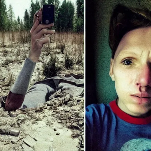 Image similar to the last selfies taken in ukraine after the nuclear war, the terrible terrible mutilations