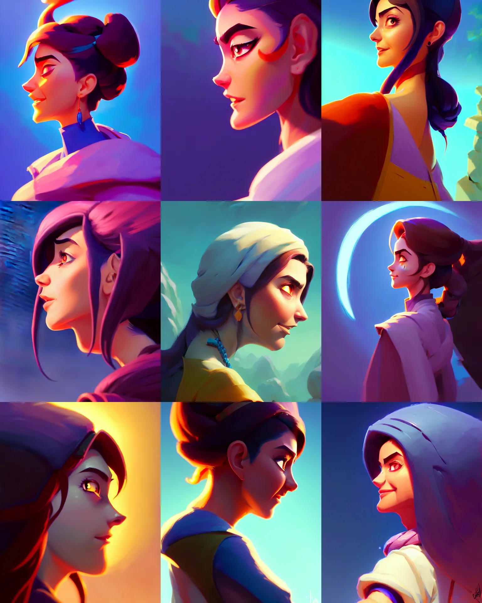 Prompt: side profile centered painted portrait, maya ali sorcerer, matte painting arcane dota blizzard pixar, maya engine on stylized background, global illumination lighting artstation, by jesper ejsing, makoto shinkai and lois van baarle, ilya kuvshinov, rossdraws