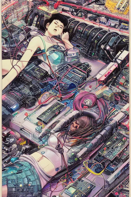 Image similar to an hyper-detailed cyberpunk illustration of a female android lying on a bed in a tech labor, with her head open showing cables and wires coming out, by masamune shirow, and katsuhiro otomo, japan, 1980s, dynamic, colorful, sparkles, lasers