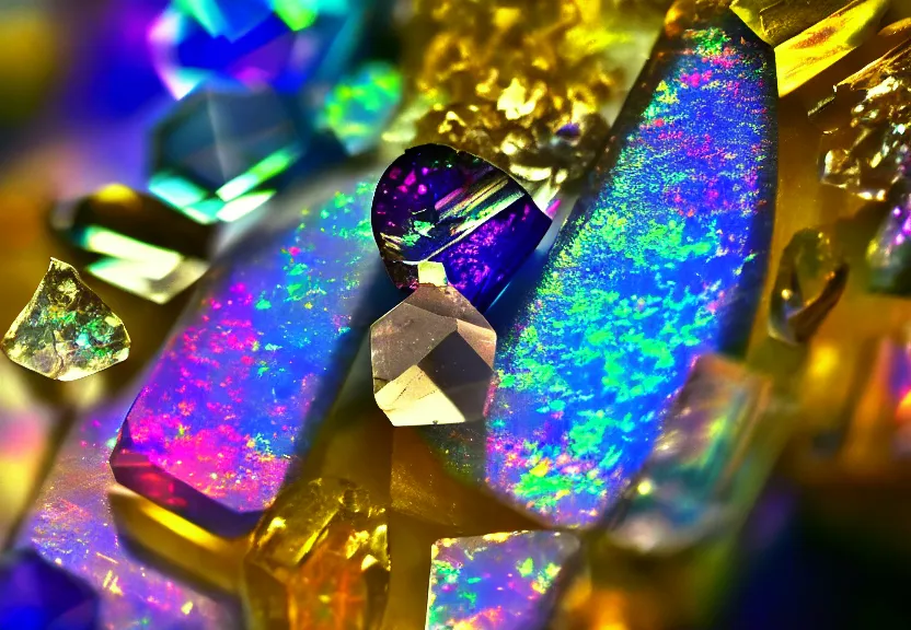 Image similar to iridescent gemstone texture with high refraction, shining, opal, diamond, sapphire, topaz, nature, photo, motion blur, macro lens, lens flare