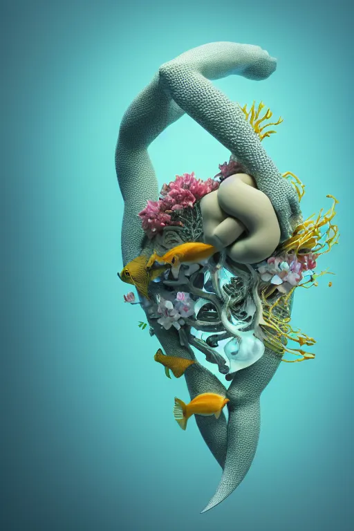 Image similar to a sculpture of fish ocean intertwined, diode lighting, a lovely cornucopia of flowers and human body parts, body parts, heart shaped, highly detailed, octane render, cinematic, shock, sharp focus, ball, an independent psycho, clean, studio lighting