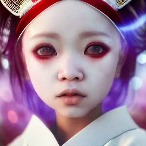 Prompt: beautiful albino Asian girl kid in a fancy kimono, unreal engine octane, red and white, gliter, depth of field, 8k, hyper detailed, trending on artstation