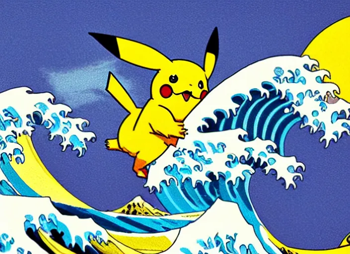 Image similar to pikachu surfing on the great wave off kanagawa