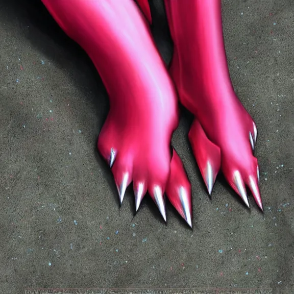 Image similar to very close up foot pov shot, hyperdetailed elegant beautiful stunning anthropomorphic mecha female dragon showing sharp clawed soles close up to camera, lying on beach, detailed foot pov, soft pads, sharp silver armor, fuchsia skin, anthro dragon art, warframe fanart, paw art, furry paws, furaffinity, deviantart, octane, ekasportal