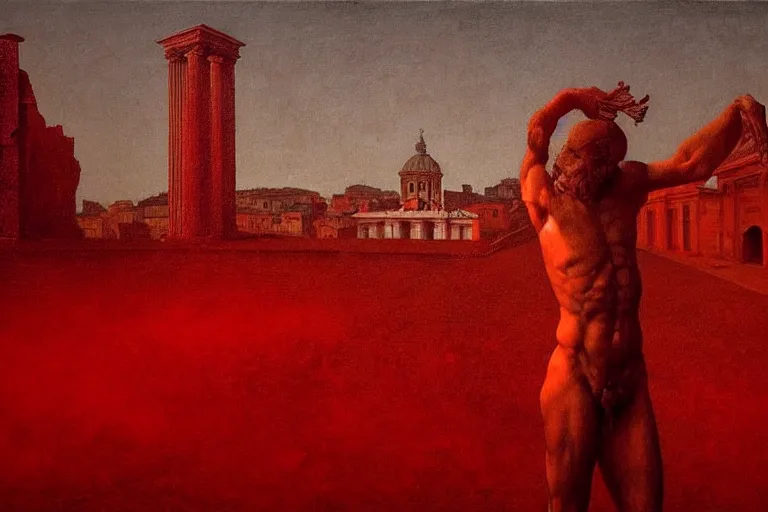 Image similar to only with red, caesar after war, a red tiger, in hoc signo vinces, rome in background, an ancient path, in the style of beksinski, part by hopper, part by rodcenko, part by hofbauer, intricate composition, red by caravaggio, insanely quality, highly detailed, masterpiece, red light, artstation