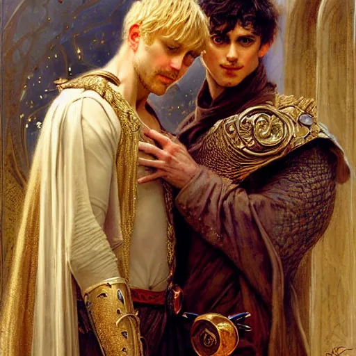 Image similar to stunning arthur pendragon in love with stunning male merlin the mage. they are close to each other. highly detailed painting by gaston bussiere, craig mullins, j. c. leyendecker