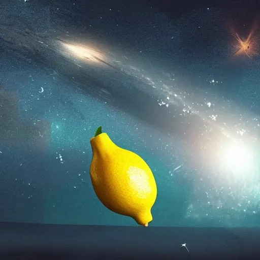 Image similar to lemon hurtling through space flying to the moon, milky way galaxy in the background, comet trail, digital art, highly detailed, cinematic, dramatic lighting