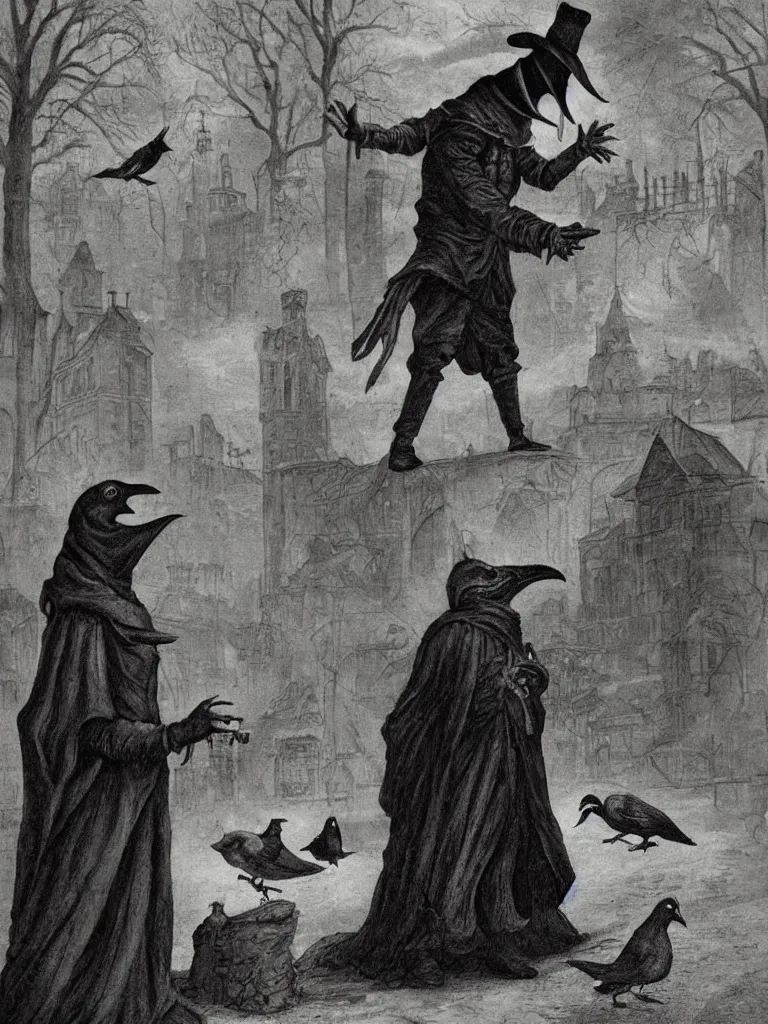 Image similar to plague doctor in a park feeding pigeons