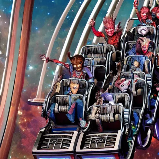 Prompt: the guardians of the galaxy riding a roller coaster