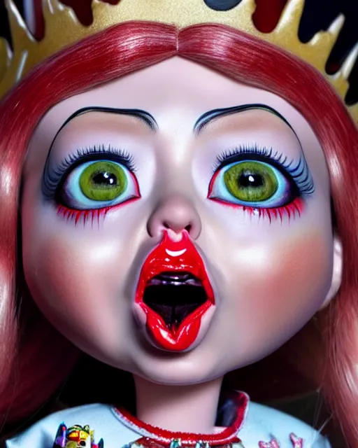 Image similar to closeup profile portrait of a tin toy ivanka trump screaming as a sith lord fairytale princess chucky doll wearing a crown and eating cakes, bikini, hyper realistic, artstation, illustration, nicoletta ceccoli, mark ryden, lostfish, max fleischer, digital paint, matte paint, vivid colors, bright, cheerful, detailed and intricate environment