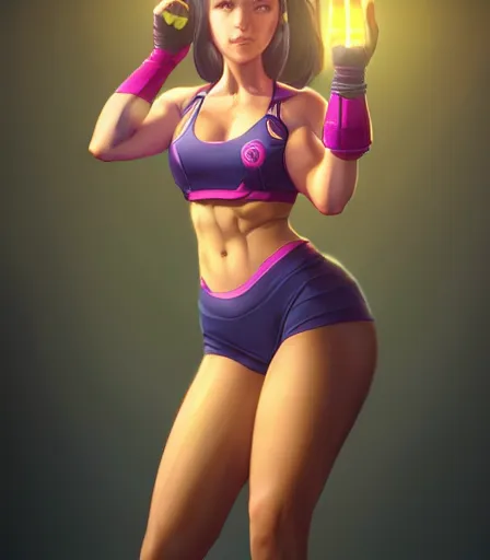 Image similar to beautiful portrait of a gorgeous personal trainer who looks like D. Va , character design by charlie bowater, ross tran, artgerm, and makoto shinkai, detailed, soft lighting, rendered in octane