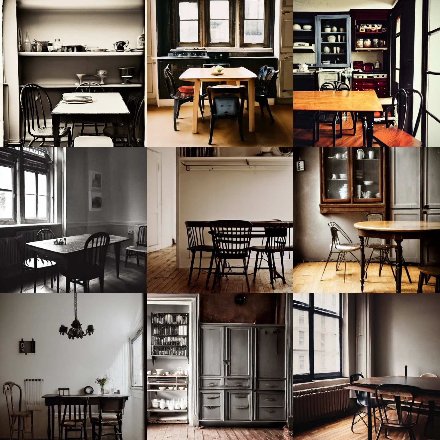 Prompt: dark vintage Brooklyn flat, kitchen, cupboards, chairs, table, hazy, dimly lit, low angle, 50mm lens