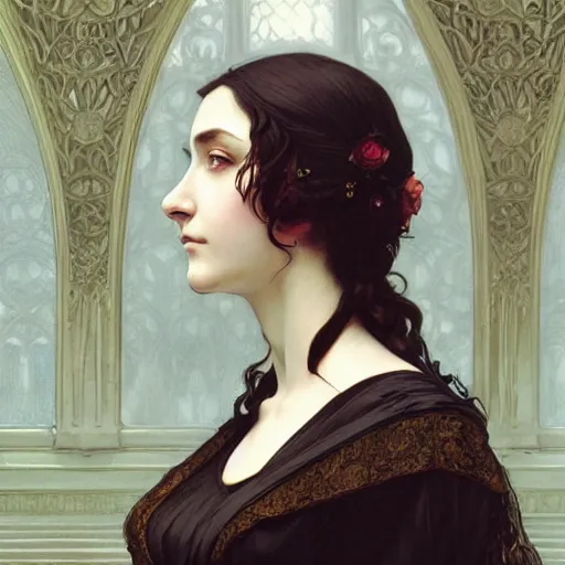 Prompt: portrait of victorian gothic lady, intricate, elegant, highly detailed, digital painting, artstation, concept art, smooth, sharp focus, illustration, art by artgerm and greg rutkowski and alphonse mucha and william - adolphe bouguereau
