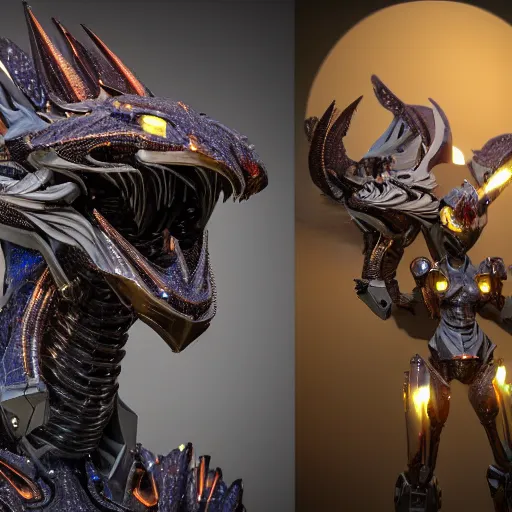 Image similar to stunning bust of a beautiful anthropomorphic humanoid robot mecha female dragon, with smooth and streamlined armor, standing and posing elegantly, well detailed dragon head with epic LED eyes and a sharp glowing maw, sharp and dangerous sleek design, two arms, beautiful digital art, artstation, DeviantArt, FurAffinity, professional, depth of field, close-up, hd, octane render, sunset lighting