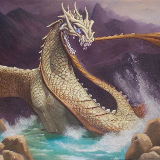 Image similar to oil painting of a dragon emerging from a hotspring