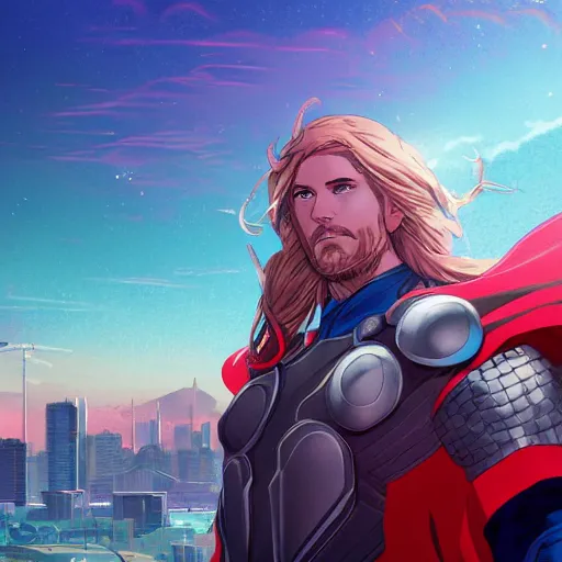 Prompt: ⁠portrait of Thor , Karachi skyline background, rich vivid colors, ambient lighting, dynamic lighting, 4k, HQ, official media, anime key visual, makoto shinkai, ilya kuvshinov, lois van baarle, rossdraws, detailed, trending on artstation