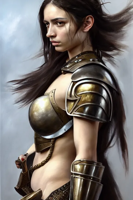 Image similar to a sharply detailed, photorealistically painted portrait of an attractive young female, partially clothed in battle armor, with an abstractly painted background, flawless olive skin, fair complexion, long dark hair, beautiful bone structure, perfectly symmetric facial features, perfect photorealistic eyes, natural physique, intricate, elegant, digital painting, concept art, finely detailed, beautifully illustrated, sharp focus, minimal artifacts, volumetric lighting, from Metal Gear, by Ruan Jia and Mandy Jurgens and Artgerm and William-Adolphe Bouguerea, in the style of Greg Rutkowski, trending on Artstation, award winning art