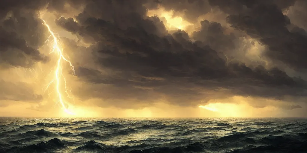 Image similar to A violent storm at sea, fork lightning, sunset, shafts of sunlight, magical, foreboding and epic, digital art by Greg Rutkowski and Studio Ghibli