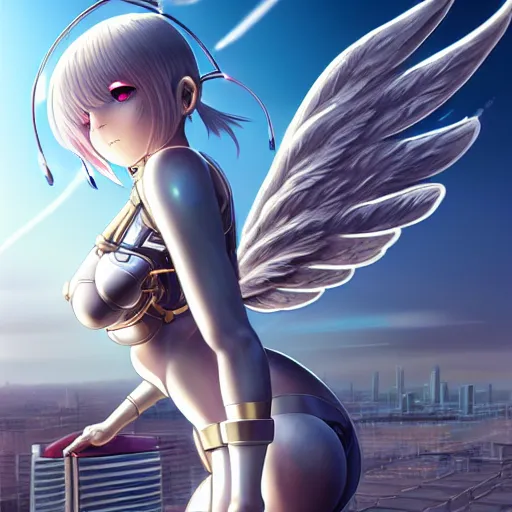 Image similar to cute endowed cyborg - angel girl with large angelic wings standing on the edge of a rooftop overlooking a floating city, left eye gold and right eye silver, biomechanical details, bionic cyborg implants, digital cyberpunk - anime art, full body shot, reflections, lens flare, wlop, ilya kuvshinov, artgerm, krenz cushart, greg rutkowski