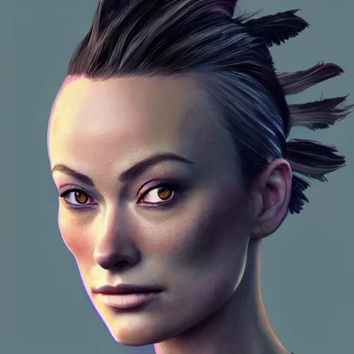 Prompt: A portrait of Olivia Wilde with a mohawk, extra detailed, digital illustration, by Makoto Shinkai and thomas kinkade, digital painting, Matte painting, trending on artstation and unreal engine