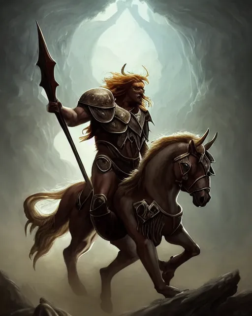 Image similar to centaur centaur centaur chimera :: Paladin, fearsome, beautiful, DnD character art portrait, mythical creature, human male chest and head with horse body, plate armor, matte fantasy painting, DeviantArt Artstation, by Jason Felix by Steve Argyle by Tyler Jacobson by Peter Mohrbacher, cinematic lighting.