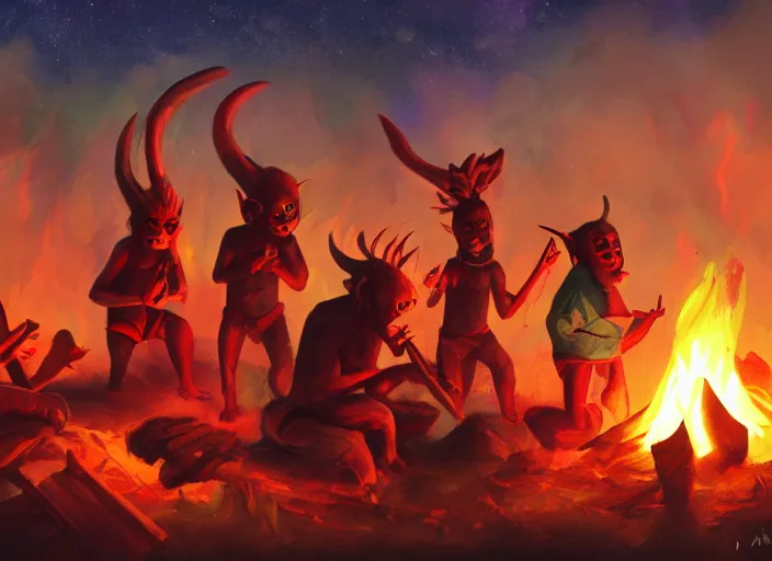 Image similar to Ethnic demons making music on a campfire on the night, colourful stars on the sky, trending on Artstation